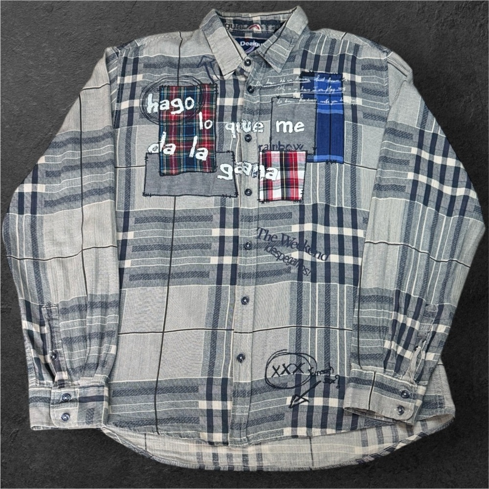 Desigual Rainbow Grey Plaid Patchwork Button-Down Shirt Graffiti Accents sz XL
